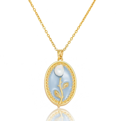 Vintage Oval Pendant Necklace Stainless Steel Gold Plated Tulip Flower Blue Enamel Faux Artificial Pearl Elegant Jewelry For Women