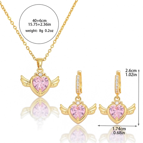 Rosa Zirkonia Herz Flügel Halskette Ohrringe Gold Vergoldet Titanstahl Romantischer Schmuck Set Für Damen Mädchen Valentinstag