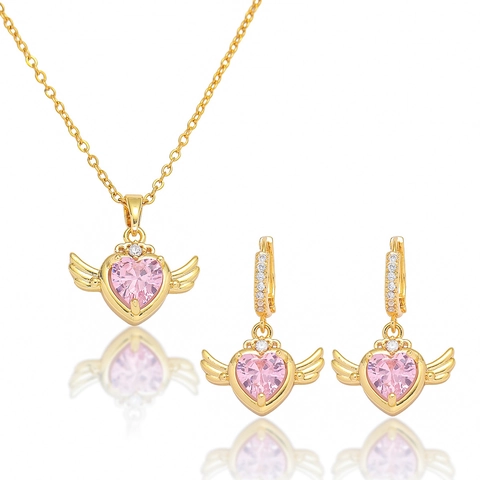 Rosa Zirkonia Herz Flügel Halskette Ohrringe Gold Vergoldet Titanstahl Romantischer Schmuck Set Für Damen Mädchen Valentinstag