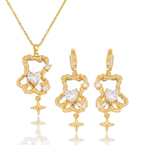 Collana Con Ciondolo Orso Cavo Orecchini Zircone Cuore Gioielli Acciaio Inossidabile Design Stella Moda Lusso Leggero Per Donne