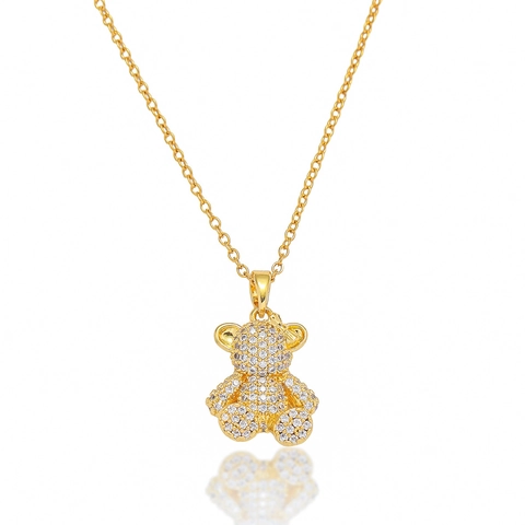Collana con Pendente a Orso in Zirconia Pavé Lusso Catena a Croce in Acciaio Inossidabile per Donna Oro Argento Gioielli
