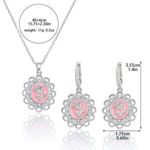 Pendentif Fleur De Rose De Style Français Collier Et Boucles D'oreilles Acier Inoxydable Émail Rosa Vintage Zircon Rhinestone Pour Femmes