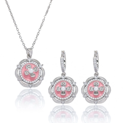 Flower Pendant Necklace Pink Enamel Rhinestone Inlaid Stainless Steel French Style Jewelry Gift For Women