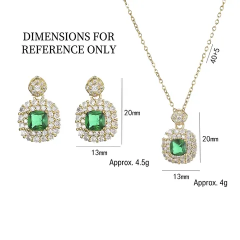 Square Emerald Green Zircon Pendant Necklace And Earrings Geometric Gold Plated Stainless Steel Jewelry For Women