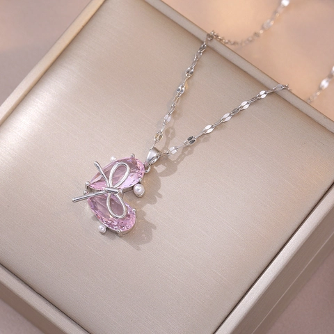 Collar Con Colgante De Corazón Acero Inoxidable Cristal Rosa Lazo Perla Artificial Joyería Elegante Para Mujer Accesorio De Moda