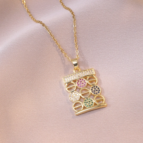 Pendant Necklace Stainless Steel Colorful Cubic Zirconia Hollow Geometric Rectangular Minimalist Jewelry For Women