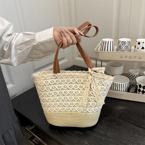 Borsa Tote in Paglia Intrecciata Estiva Con Fiocco in Pizzo Uncinetto Grande Capacità Borsa a Tracolla da Spiaggia Donna Stile Pastorale