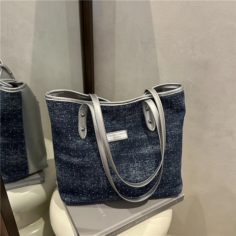 Denim Struktur Strass Tote Bag Große Kapazität Silberner Riemen Schulter Handtasche Für Damen Mode Urban Stil