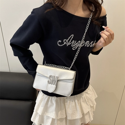 Borsa A Tracolla Elegante In Pelle PU Per Donna Piccola Borsa Quadrata Minimalista Con Fibbia In Metallo E Strass Catena Argento