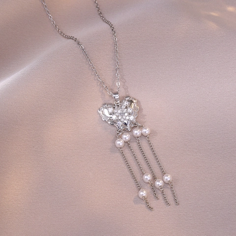 Heart Pendant Necklace Stainless Steel Hollow Heart With Zircon Tassels And Faux Artificial Pearls Elegant Jewelry For Women