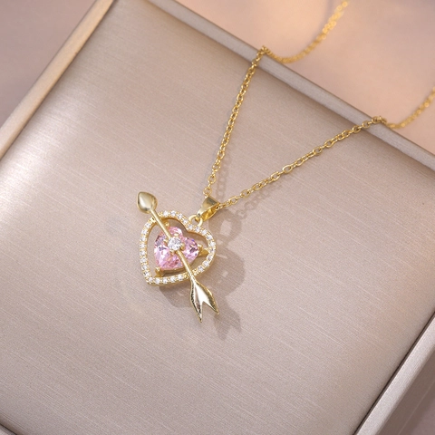 Romantische Cupid Pfeil Durch Herz Anhänger Halskette Titanstahl Gold Überzogen Rosa Zirkon Schmuck Für Damen Valentinstag Geschenk