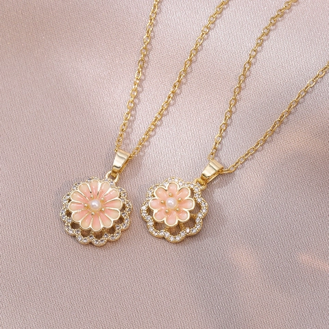 Collana Pendente Fiore Rotante Acciaio Inossidabile Smalto Perla Artificial Zircone Placcato Oro 18K Gioielli Eleganti Per Donna