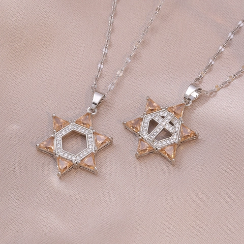 Davidstern Hexagramm Kreuz Anhänger Halskette Titanstahl Champagner Zirkonia Eingelegt Religiöser Schmuck Geschenk