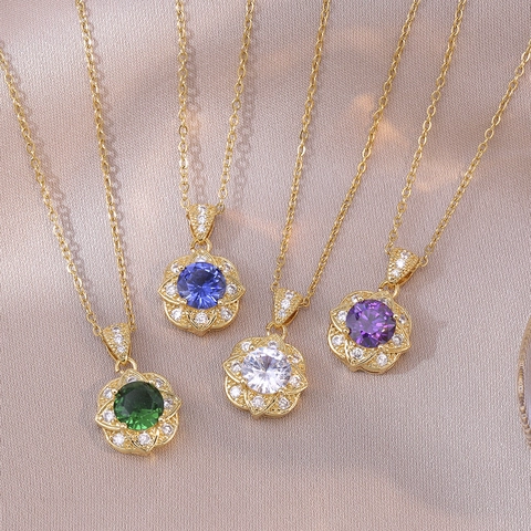 Flower Pendant Necklace Gold Plated Stainless Steel Colorful Cubic Zirconia Rhinestone Floral Clavicle Chain For Women