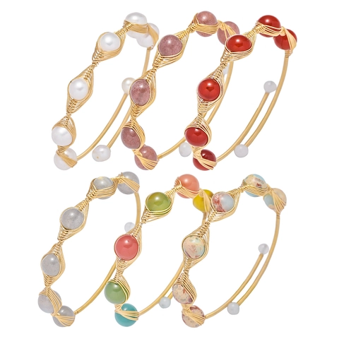 Handgemaakte Draadgewikkelde Open Armring Koper Natuursteen Zoetwaterparel Aardbeikristal Verstelbare Sieraden Voor Dames