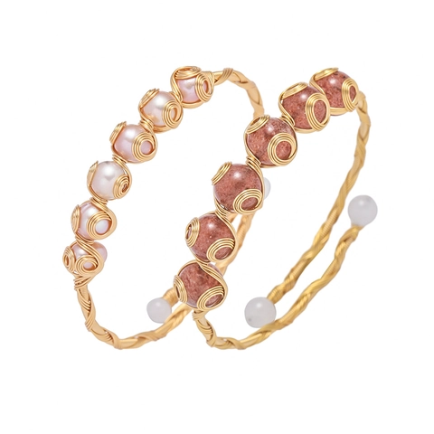 Handgemaakte Koperen Armband Aardbeienkristal Kunstparel Minimalistisch Boheems Elegant Open Manchet Bangle