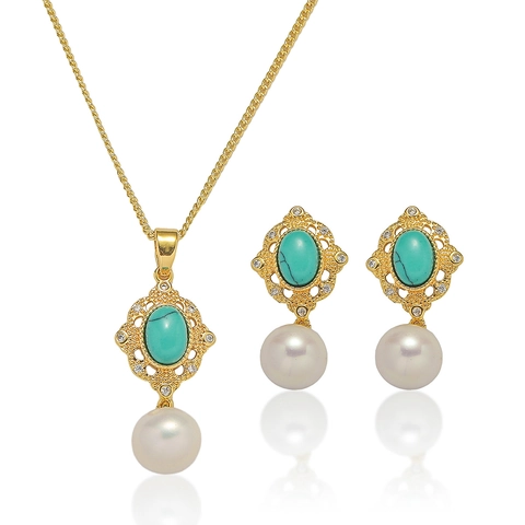 Baroque Turquoise Perle Eau Douce Plaqué Or Pendentif Fleur Collier Et Boucles Oreilles Style Français Vintage Bijoux Élégants Femmes