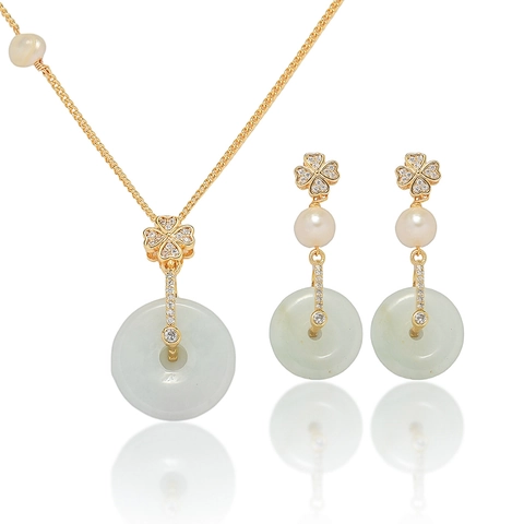 Elegant Stainless Steel Jewelry Set For Women Four Leaf Clover Pearl Heart Light Green Jade Look Pendant Necklace And Earrings