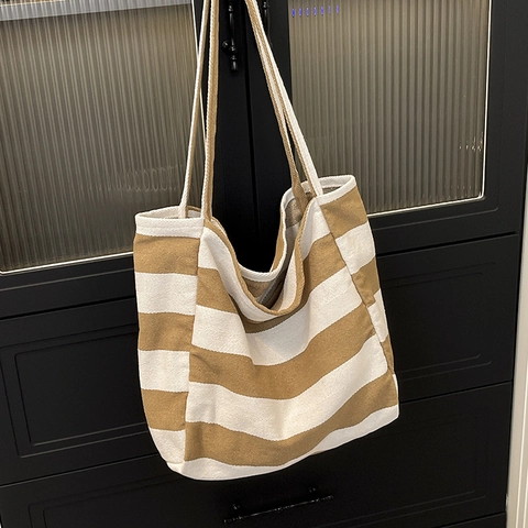 Borsa Tote In Tela A Righe Grande Capacità Borsa A Spalla Casual Da Donna Stile Coreano Borsa Per La Spesa Versatile