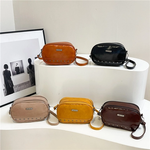 Damen Vintage PU Leder Umhängetasche Doppel Reißverschluss Nieten Deko Kleine Quadratische Kamera Tasche Für Alltag