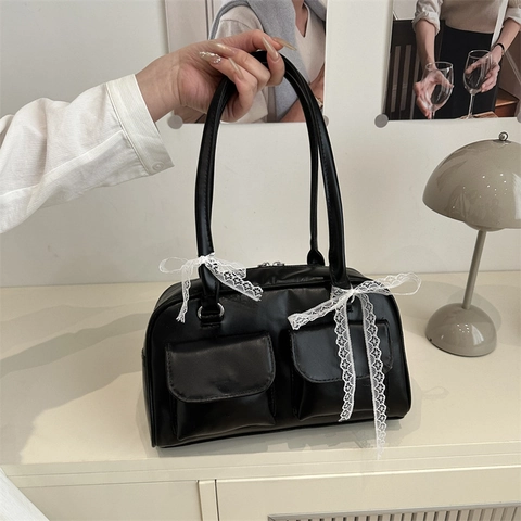 Sac À Main En Cuir PU Pour Femmes Avec Nœud En Dentelle Décoratif Poches Avant Style Coréen Doux