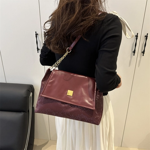 Borsa A Spalla Donna Tote Bag Pelle PU Motivo Serpente Patchwork Catena Dorata Fibbia Quadrata Grande Capacità Borsa A Tracolla