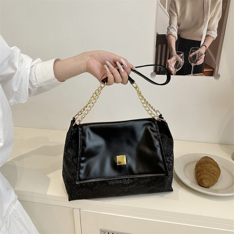 Borsa A Spalla Donna Tote Bag Pelle PU Motivo Serpente Patchwork Catena Dorata Fibbia Quadrata Grande Capacità Borsa A Tracolla