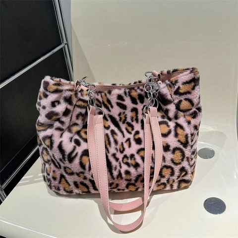Bolso Tote de Piel Sintética con Estampado de Leopardo para Mujer Elegante Bolso de Hombro de Felpa Con Cadena de Metal