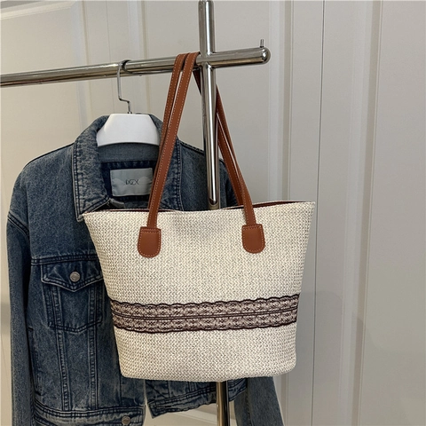 Große Gewebte Stroh Tote Bag Für Damen Sommer Strand Urlaub Schultertasche Mit Braunem Kunstlederriemen Und Spitze