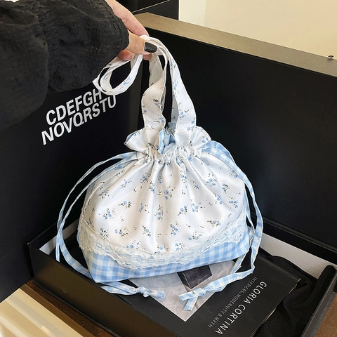 Bolso Cubo Con Cordón De Cuadros Florales Para Mujer Lona Empalme Encaje Bolso De Mano Dulce Verano Estilo Pastoral Bolso