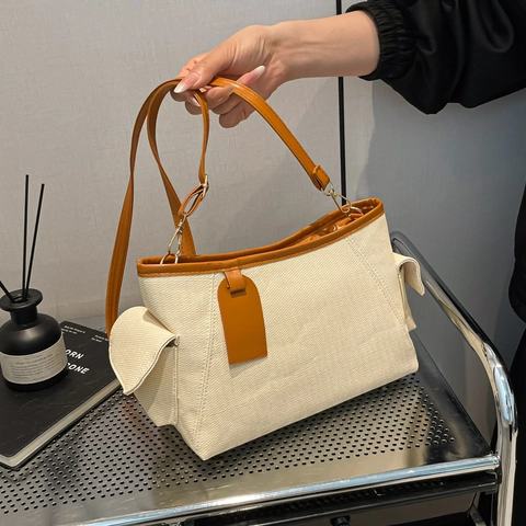 Borsa a Spalla da Donna in Tela e Pelle PU Patchwork Borsa Sottobraccio Casual da Pendolare Con Tasche Laterali Retro