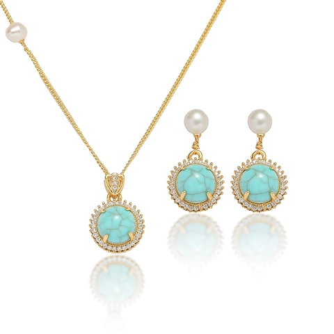 Vintage French Stainless Steel Turquoise Baroque Freshwater Pearl Necklace Earrings Jewelry Set Gold Plated Women Accessory Gift