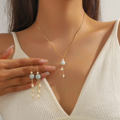 Classical Titanium Steel Jewelry Set For Women Light Green Aventurine Artificial Pearl Long Tassel Pendant Necklace Earring Set Elegant New Chinese Style Jewelry