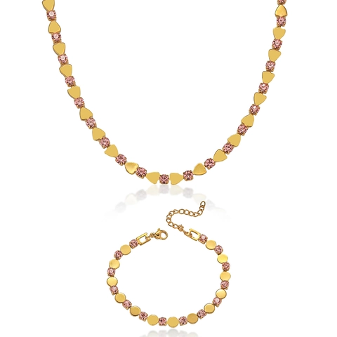 Collana E Bracciale In Acciaio Inossidabile Con Cuore In Zircone Rosa Gioielli Dorati Eleganti Da Donna