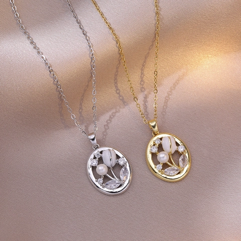 Collana Fiore Di Tulipano Acciaio Inossidabile Con Perla Artificial E Zircone Stile Vintage Elegante Catena Donna