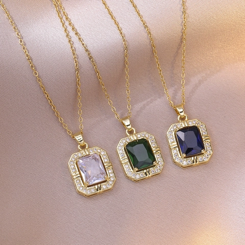 Retro Rectangle Emerald Cut Zircon Pendant Necklace For Women Titanium Steel French Vintage Style Luxury Geometric Jewelry Gift