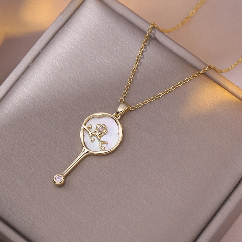Collana Con Ciondolo Acciaio Al Titanio Madreperla Forma Ventaglio Fiore Di Prugno Zircone Gioielli Eleganti Da Donna