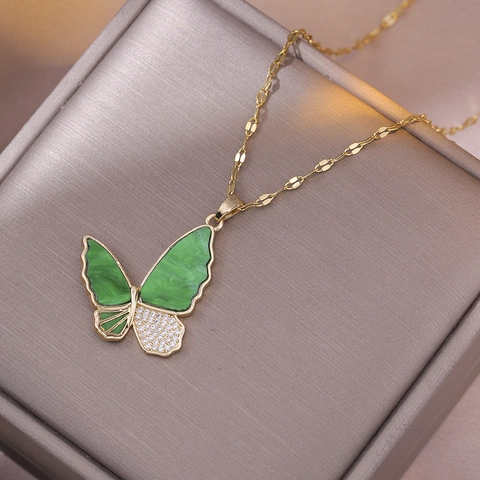 Butterfly Pendant Necklace Stainless Steel Green Rhinestone Clavicle Chain Elegant Fashion Jewelry For Women