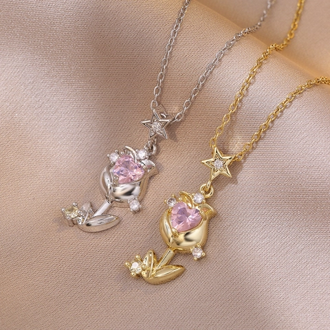 Light Luxury Titanium Steel Tulip Pendant Necklace Fashion Inlaid Rhinestone Star Heart Neck Chain Jewelry Gift For Women