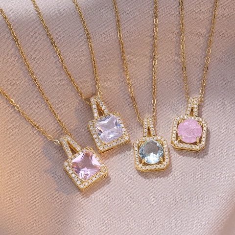 Square Zircon Pendant Necklace Titanium Steel Golden Halo Dainty Chain Minimalist Elegant Jewelry For Women
