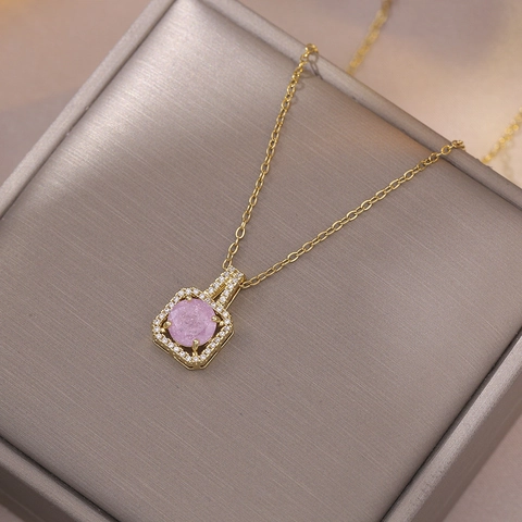Square Zircon Pendant Necklace Titanium Steel Golden Halo Dainty Chain Minimalist Elegant Jewelry For Women