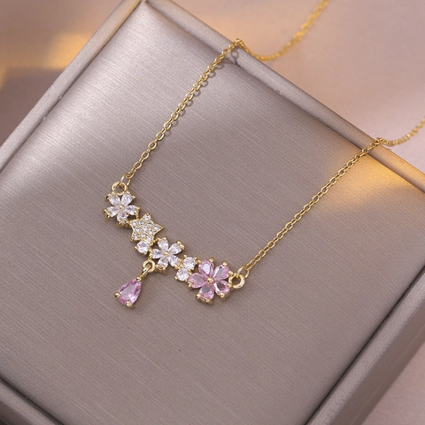 Collana Con Pendente A Fiore E Stella Acciaio Inossidabile Strass Rosa Elegante Chic Gioielli Per Donna