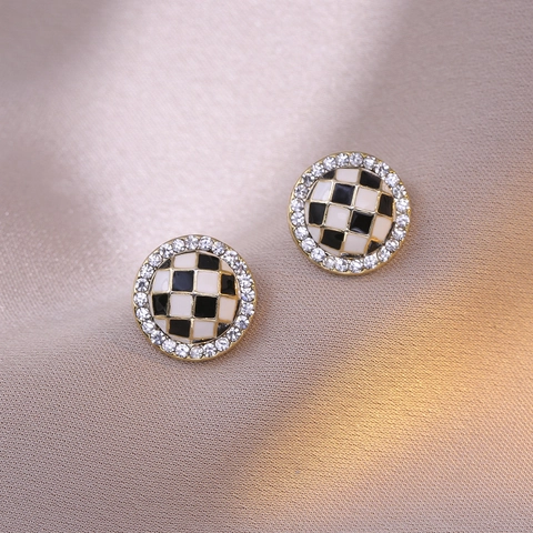Boucles D'oreilles Puces Damier Avec Tige En Argent Sterling 925 Rétro Cuivre Géométrique Strass Pour Femmes