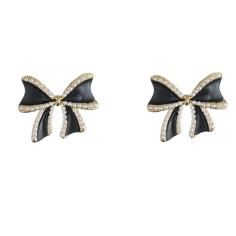 Pendientes De Botón Con Lazo Vintage Para Mujer Cobre Esmalte Negro Perla Artificial De Imitación Joyería De Moda Retro