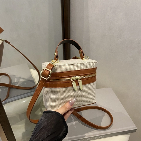 Dames Patchwork Vanity Box Tas Retro PU-Leren Schoudertas Grote Capaciteit Crossbody Handtas Met Handvat Mode Cadeau