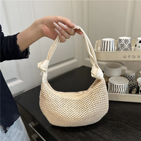 Borsa A Tracolla Hobo In Paglia Intrecciata Forma A Mezza Luna Con Tracolla In Pelle PU Con Nodo Borsa Da Spiaggia Casual Per Donna