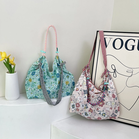 Floral Canvas Tote Bag Large Capacity Casual Shoulder Handbag With Gingham Strap For Women Daily Commute Leisure