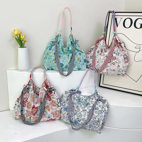 Floral Canvas Tote Bag Large Capacity Casual Shoulder Handbag With Gingham Strap For Women Daily Commute Leisure