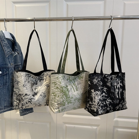 Bolso Tote de Gran Capacidad para Mujer con Estampado de Bambú Estilo Chino Bolso de Hombro de Moda Casual para Compras Diarias