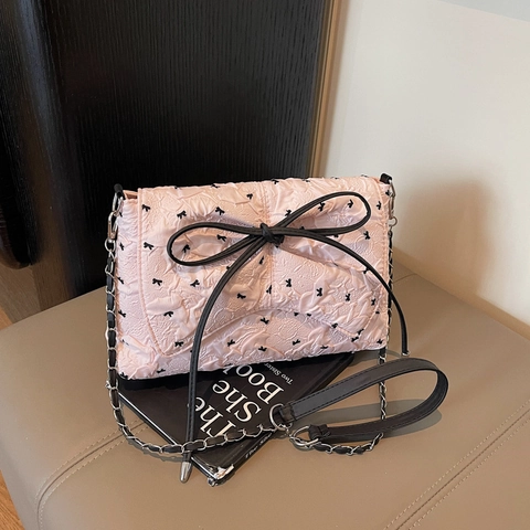 Bolso de Hombro de Moda para Mujer con Lazo de Seersucker Bolso Acolchado de Lunares con Solapa para Viaje Diario de Verano con Correa de Cadena